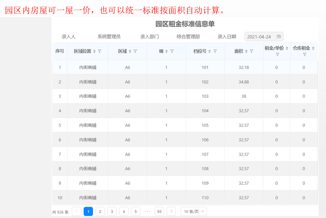 园区租金标准信息