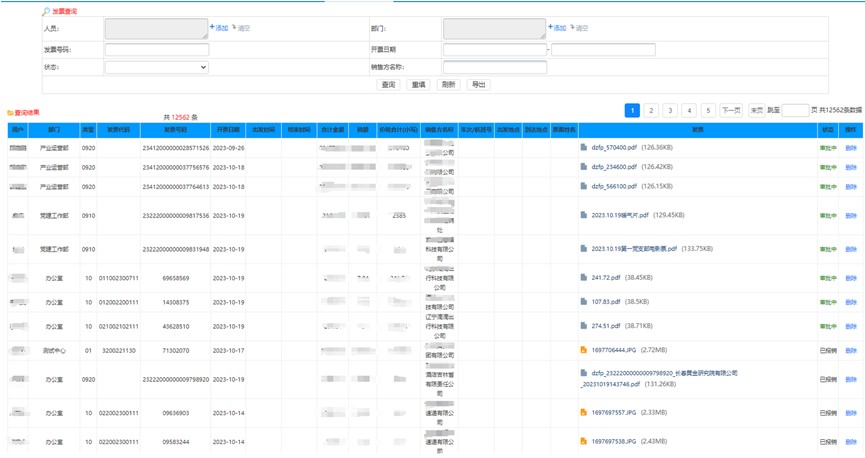 管理所有发票，支持下载原始发票，项目团队还为用户定制开发了发票的查询程序，并且支持分类导出且进行汇总